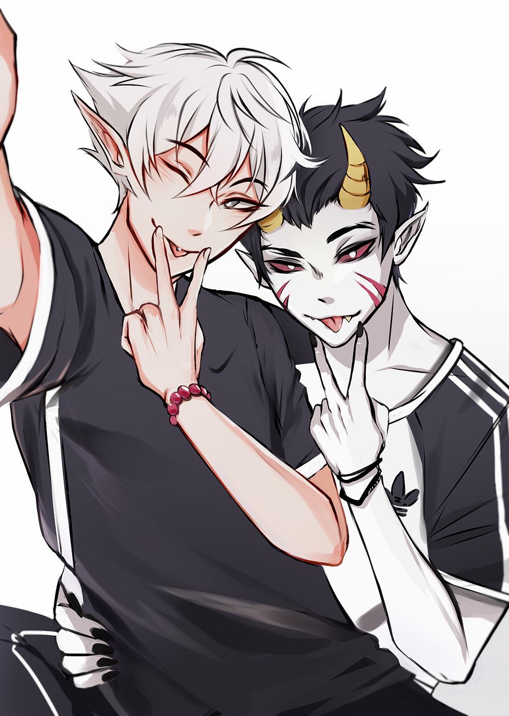 1boy, 1other, :p, ;p, ahoge, art_trade, bead_bracelet, beads