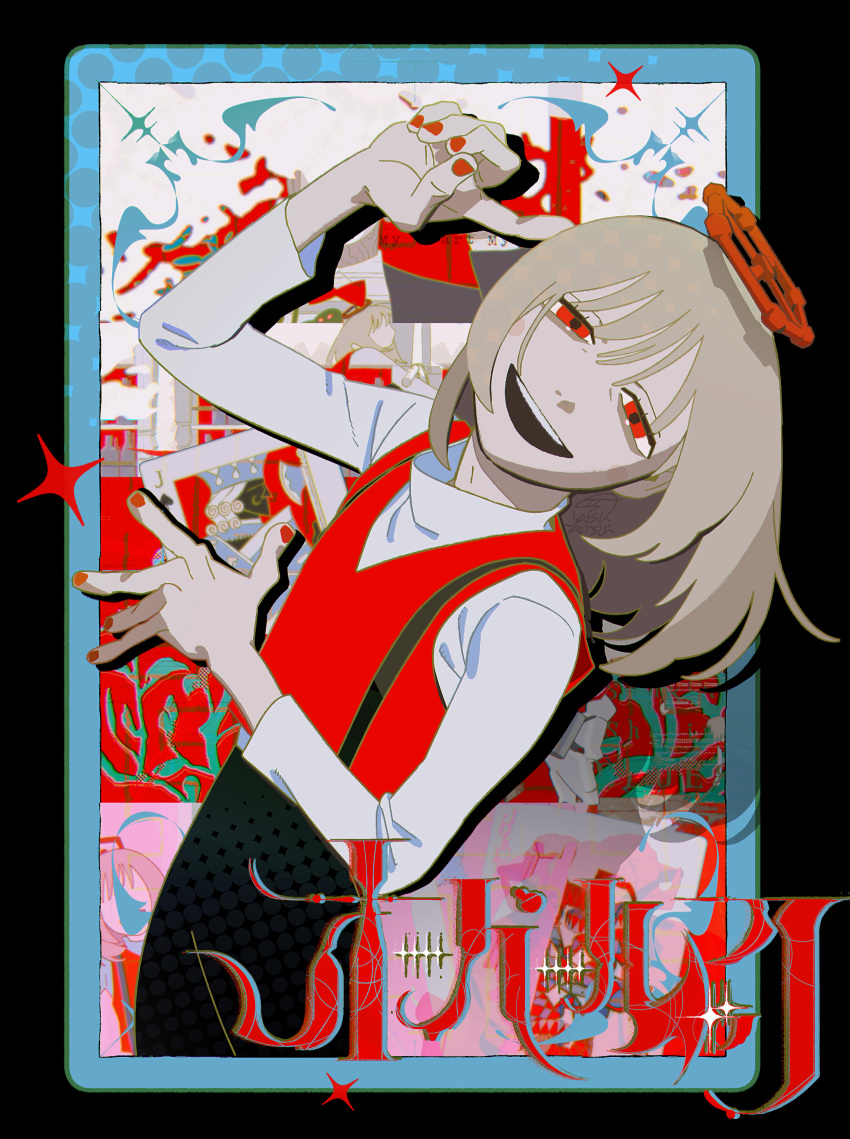 1boy, absurdres, arm_up, card, chogakusei, half-closed_eyes, halo, hand_up
