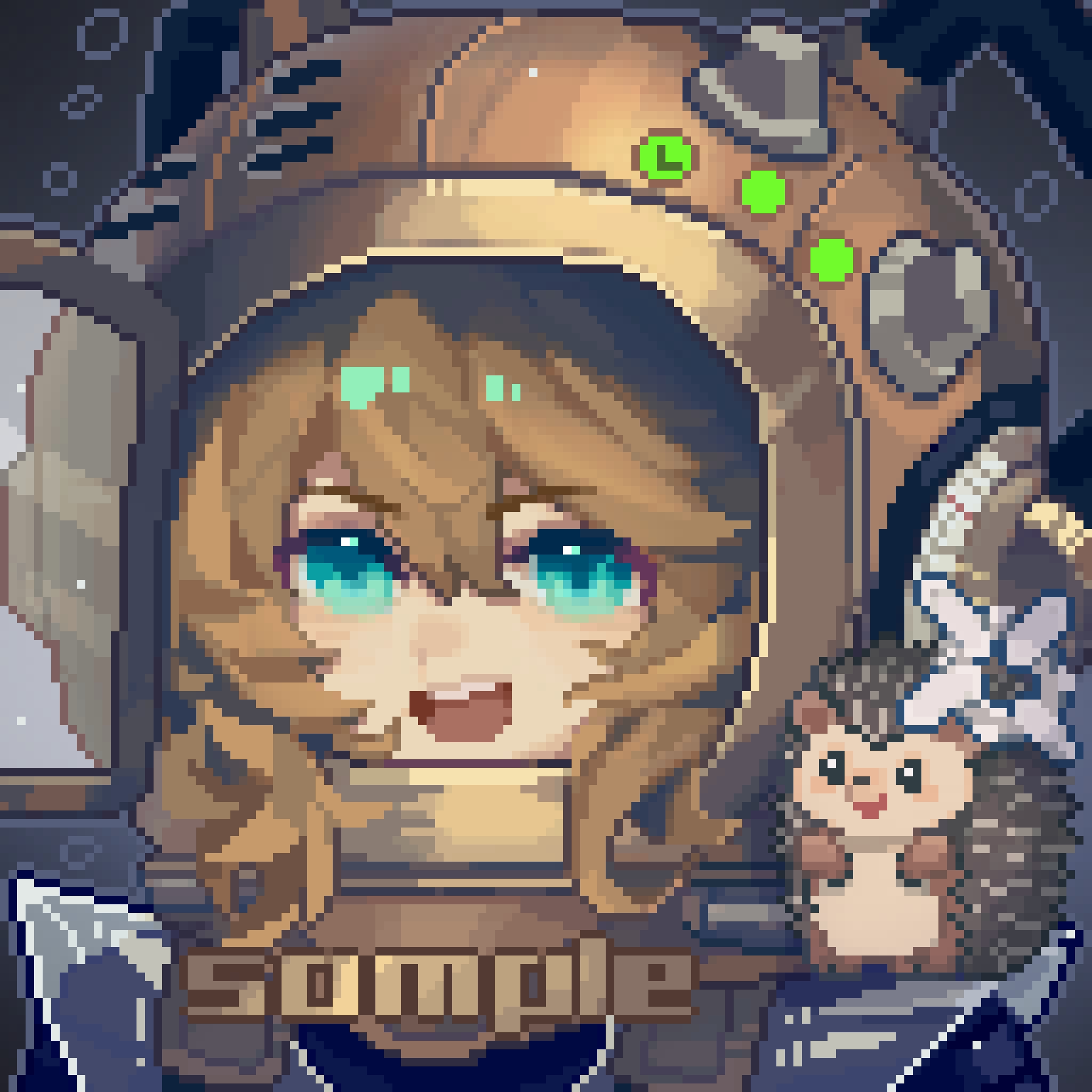 1girl, :d, ballin, blue_eyes, brown_hair, diving_helmet, hedgehog, helmet