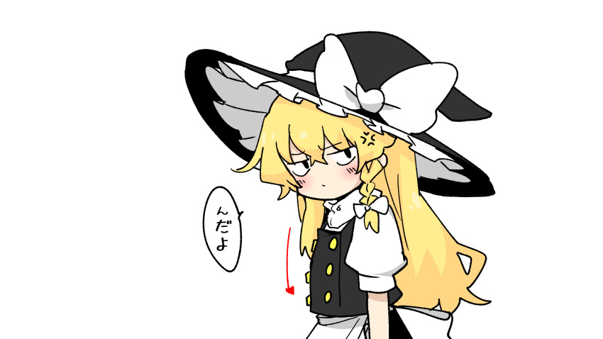 1girl, anger_vein, angry, apron, arrow_(symbol), black_hat, black_skirt, black_vest, blonde_hair, blush, bow, braid, closed_mouth, commentary_request, flat_chest, hair_bow, hat, hat_bow, highres, kirisame_marisa, kumanou22, looking_at_viewer, puffy_short_sleeves, puffy_sleeves, short_sleeves, side_braid, simple_background, single_braid, skirt, solo, speech_bubble, touhou, translation_request, vest, waist_apron, white_apron, white_background, white_bow, witch_hat