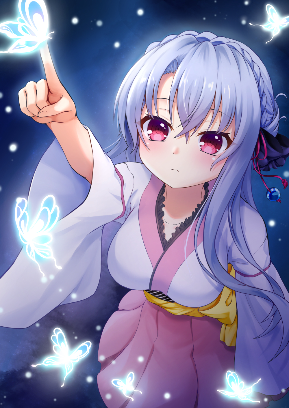 1girl, ak13077, animal_print, arm_at_side, arm_up, black_bow, blue_butterfly, blue_hair