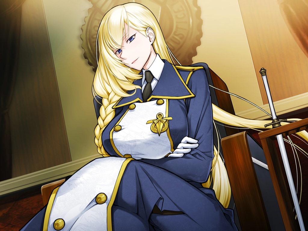 anne_behar, black_necktie, blonde_hair, blue_eyes, braid, breasts, crossed_arms, crossed_legs