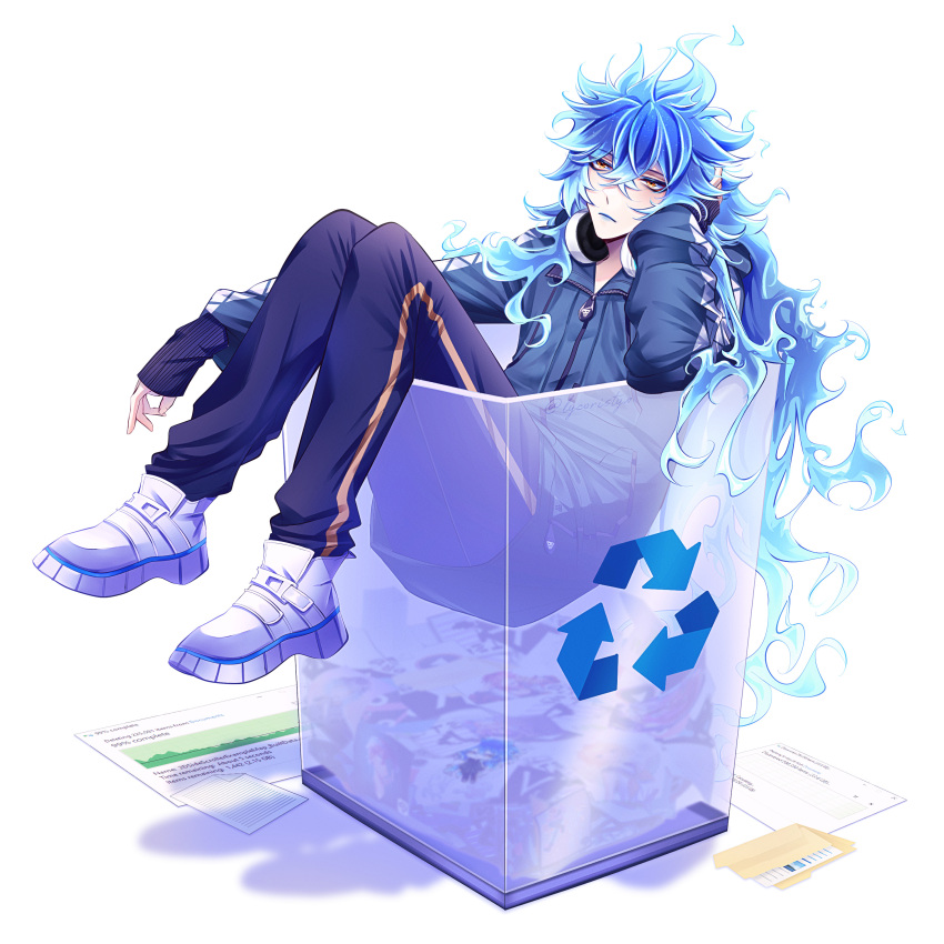 1boy, absurdres, arrow_(symbol), blue_hair, clip_studio_paint_(medium), commentary, english_commentary, fiery_hair, folder, frown, headphones, headphones_around_neck, highres, hood, hooded_jacket, idia_shroud, in_container, in_trash_can, jacket, long_hair, lycoristyx, male_focus, microsoft_windows, pants, recycle_bin, recycling_symbol, shadow, shoes, simple_background, sleeves_past_wrists, solo, trash_can, twisted_wonderland, very_long_hair, white_background, white_shoes, windows_10, yellow_eyes, zipper_pull_tab