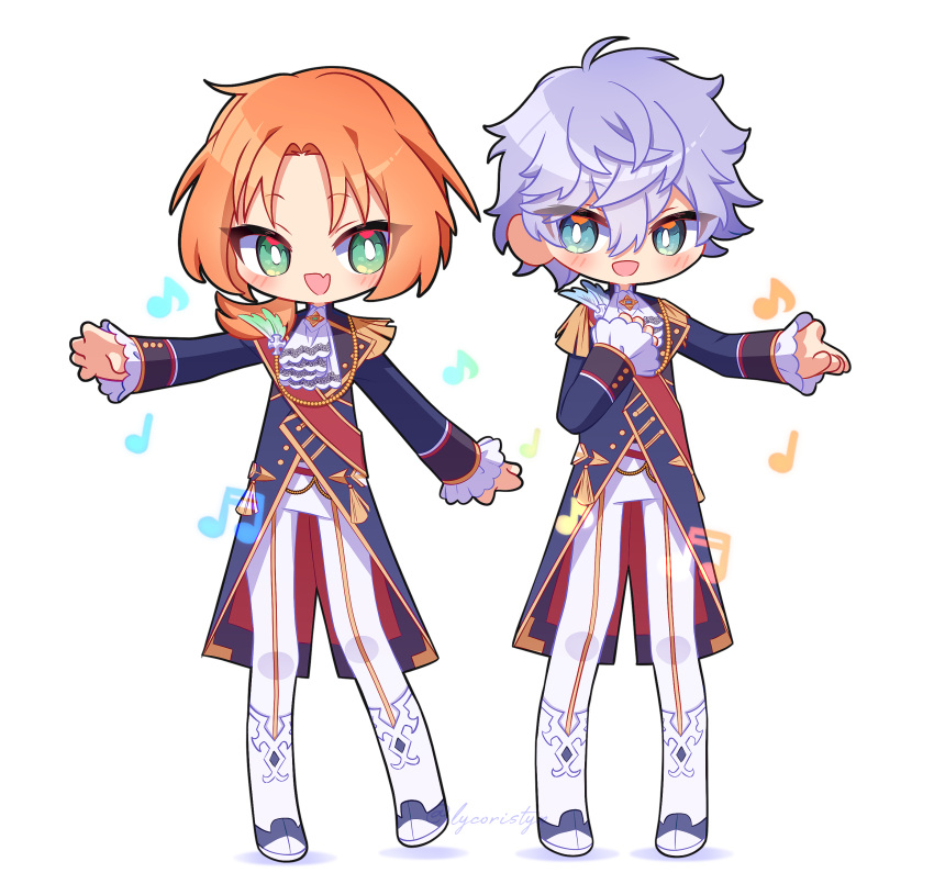 2boys, absurdres, ascot, beads, beamed_sixteenth_notes, blue_eyes, buttoned_cuffs, buttons