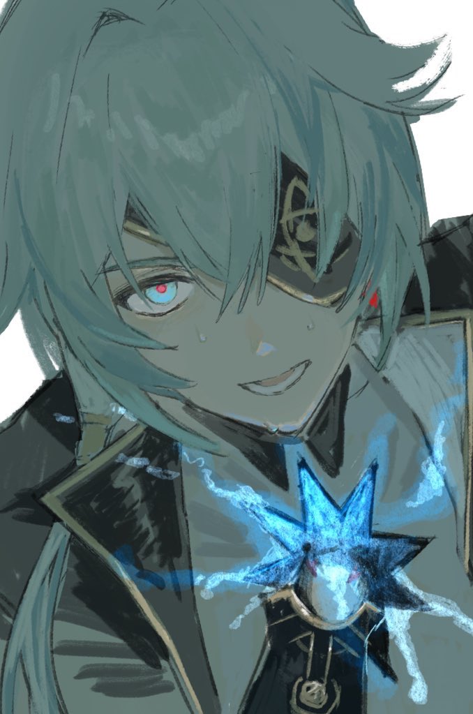 1boy, anaxa_(honkai:_star_rail), aqua_hair, black_jacket, blue_fire, earrings, eyepatch, fire