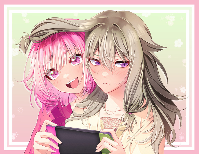 2girls, blunt_bangs, blush, bob_cut, border, clip_studio_paint_(medium), collarbone, commentary