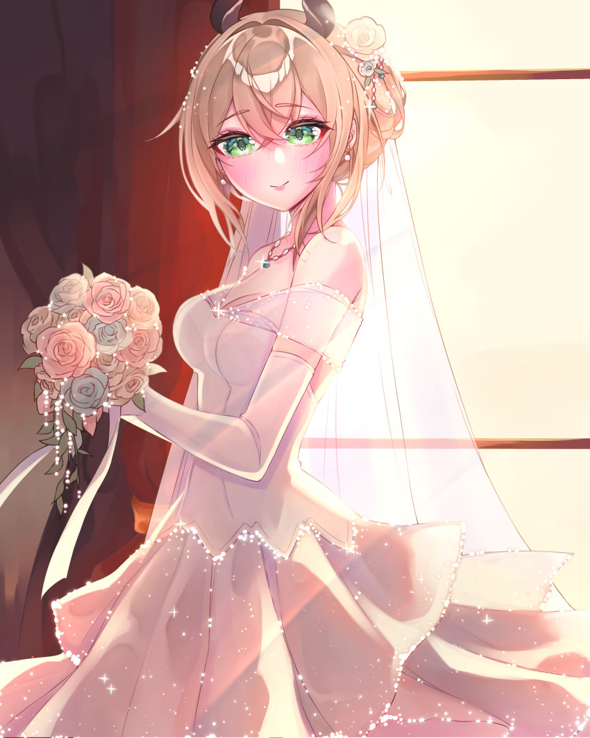 1girl, absurdres, alternate_costume, alternate_hairstyle, animal_ears, blush, bouquet, bridal_veil