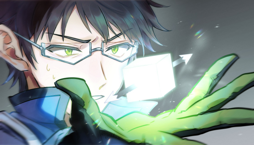 1boy, absurdres, black_hair, blue_jacket, cube, glasses, gloves, green_gloves, green_hair, grey_background, highres, jacket, mikumo_osamu, mikumo_squad's_uniform, nyako11, short_hair, simple_background, solo, sweatdrop, world_trigger