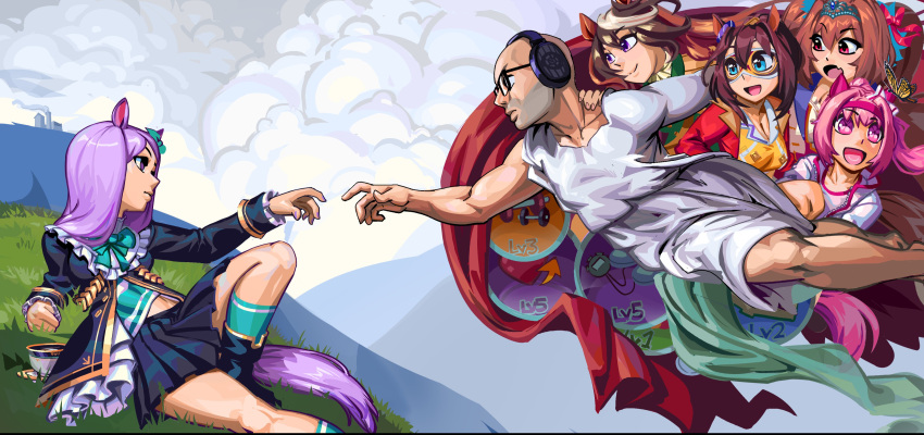 1boy, 5girls, absurdres, animal_ears, bald, brown_hair, clouds, cup, daiwa_scarlet_(umamusume), el_condor_pasa_(umamusume), eye_mask, fine_art_parody, gameplay_mechanics, glasses, grass, haru_urara_(umamusume), headphones, highres, horse_ears, horse_girl, jacket, mejiro_mcqueen_(umamusume), multiple_girls, northernlion, parody, pink_hair, purple_hair, real_life, sitting, skirt, starting_future_(umamusume), symboli_rudolf_(umamusume), teacup, the_creation_of_adam, track_suit, twosipsofbleach, umamusume