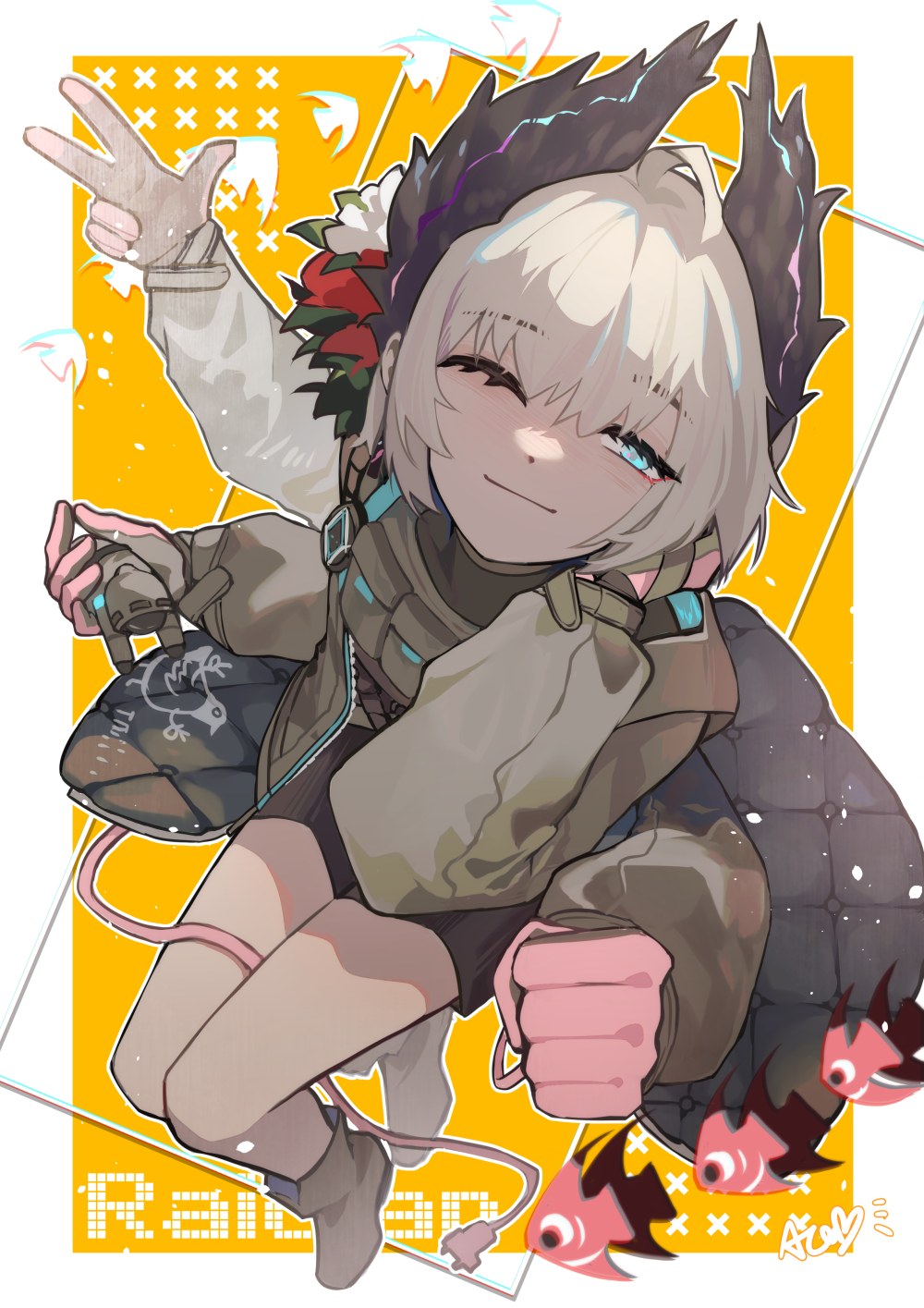 1girl, ;), ahoge, animal, arknights, black_jacket, blue_eyes, border