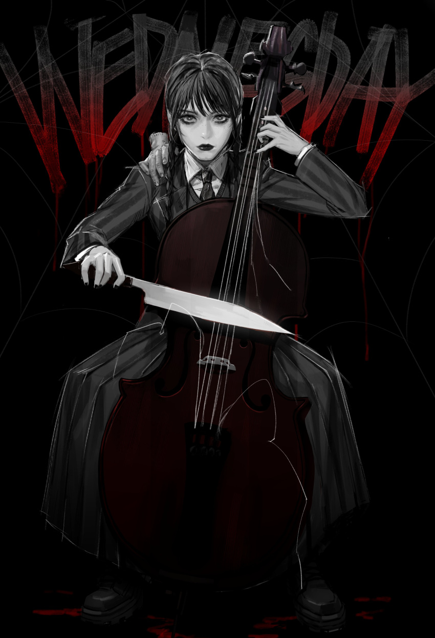 1girl, absurdres, addams_family, boots, braid, broken_string, cello, character_name
