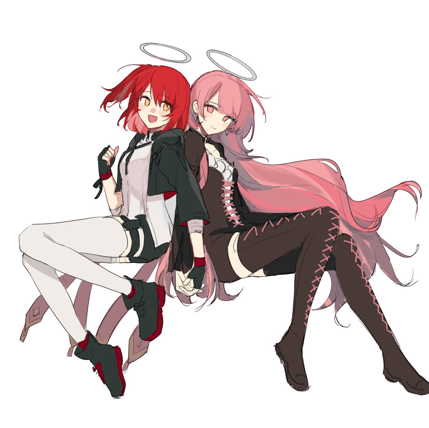 2girls, :d, absurdres, arknights, back-to-back, black_gloves, black_jacket, boots