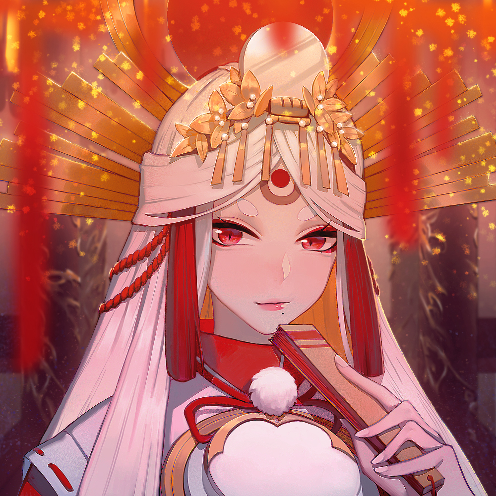 1girl, blurry, blurry_foreground, eyeliner, folding_fan, gem, hair_ornament, hand_fan, holding, holding_fan, inari_miketsu_(onmyoji), japanese_clothes, light_smile, lipgloss, lips, long_hair, looking_to_the_side, maid_headdress, makeup, miketsu_(onmyoji), mole, mole_under_mouth, onmyoji, parted_bangs, pearl_(gemstone), pom_pom_(clothes), portrait, red_eyeliner, red_eyes, reiichiko, short_eyebrows, slit_pupils, solo, tassel, tassel_hair_ornament, thick_eyebrows, white_hair