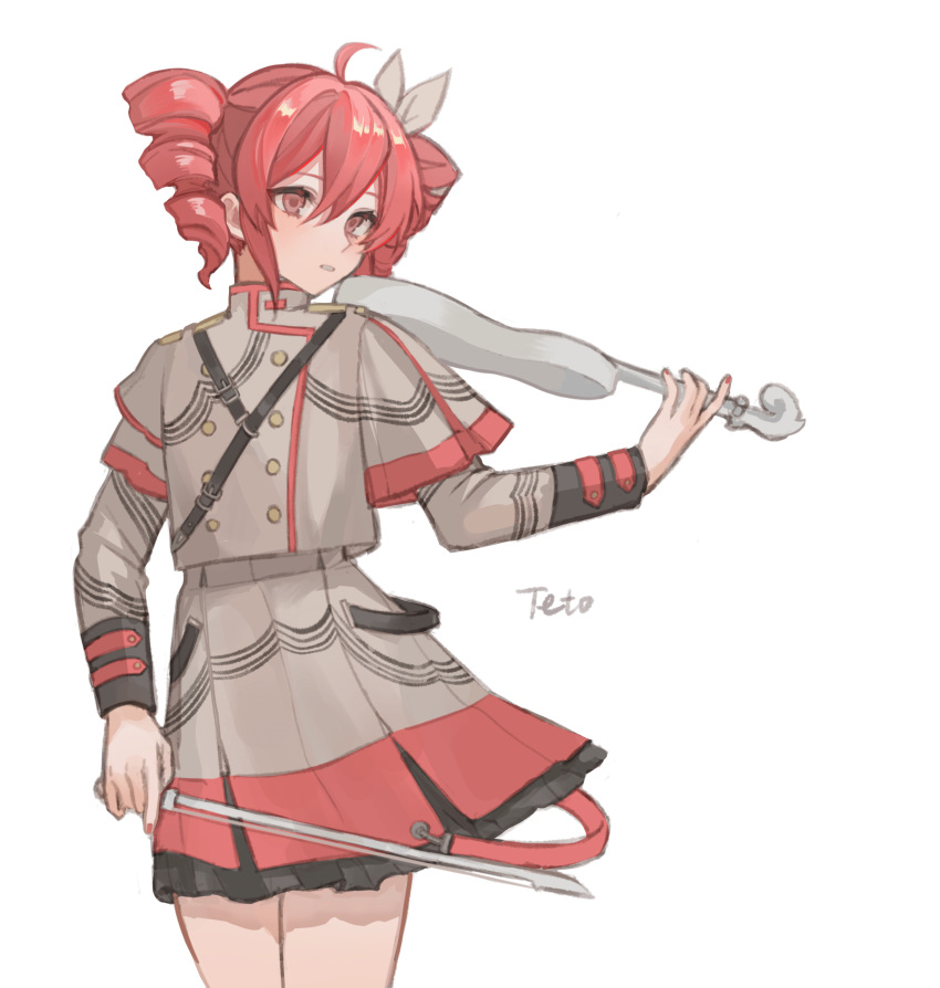 1girl, absurdres, ahoge, bow_(music), character_name, chinese_commentary, commentary_request, cowboy_shot, drill_hair, frilled_skirt, frills, gagav52123, grey_jacket, grey_skirt, hair_between_eyes, highres, holding, holding_bow_(music), holding_instrument, holding_violin, instrument, jacket, kasane_teto, kasane_teto_(sv), layered_sleeves, long_sleeves, looking_at_viewer, parted_lips, pink_eyes, pink_hair, pleated_skirt, short_hair, short_over_long_sleeves, short_sleeves, simple_background, skirt, solo, standing, strap, synthesizer_v, twin_drills, twintails, utau, violin, white_background