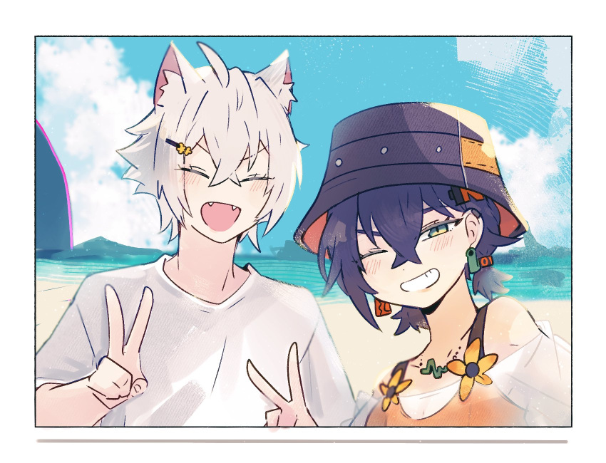 animal_ear_fluff, animal_ears, beach, belle_(summer_skies)_(zenless_zone_zero), belle_(zenless_zone_zero), blue_hair, blue_sky, blush
