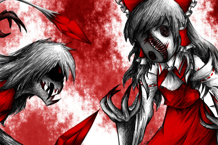 2girls, ascot, black_sclera, black_skin, blood, blood_on_teeth, bow, claws