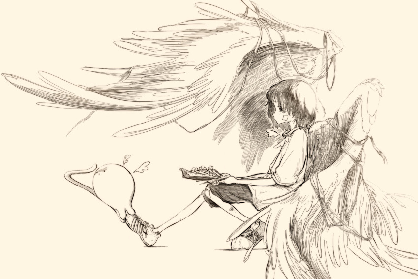 1girl, bandaid, bandaid_on_cheek, bandaid_on_face, bandaid_on_knee, bandaid_on_leg, commentary_request, feathered_wings