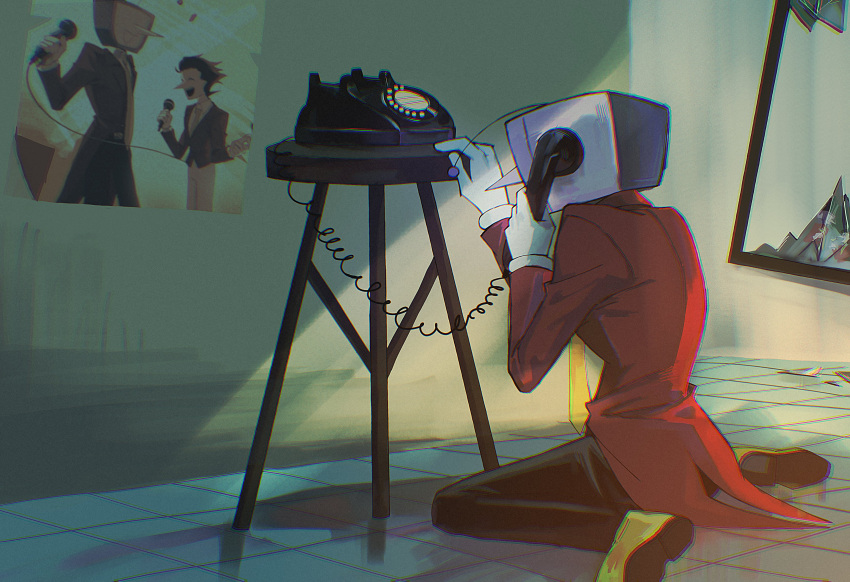 1boy, absurdres, ant_tenna, black_pants, broken_glass, chromatic_aberration, corded_phone, crt
