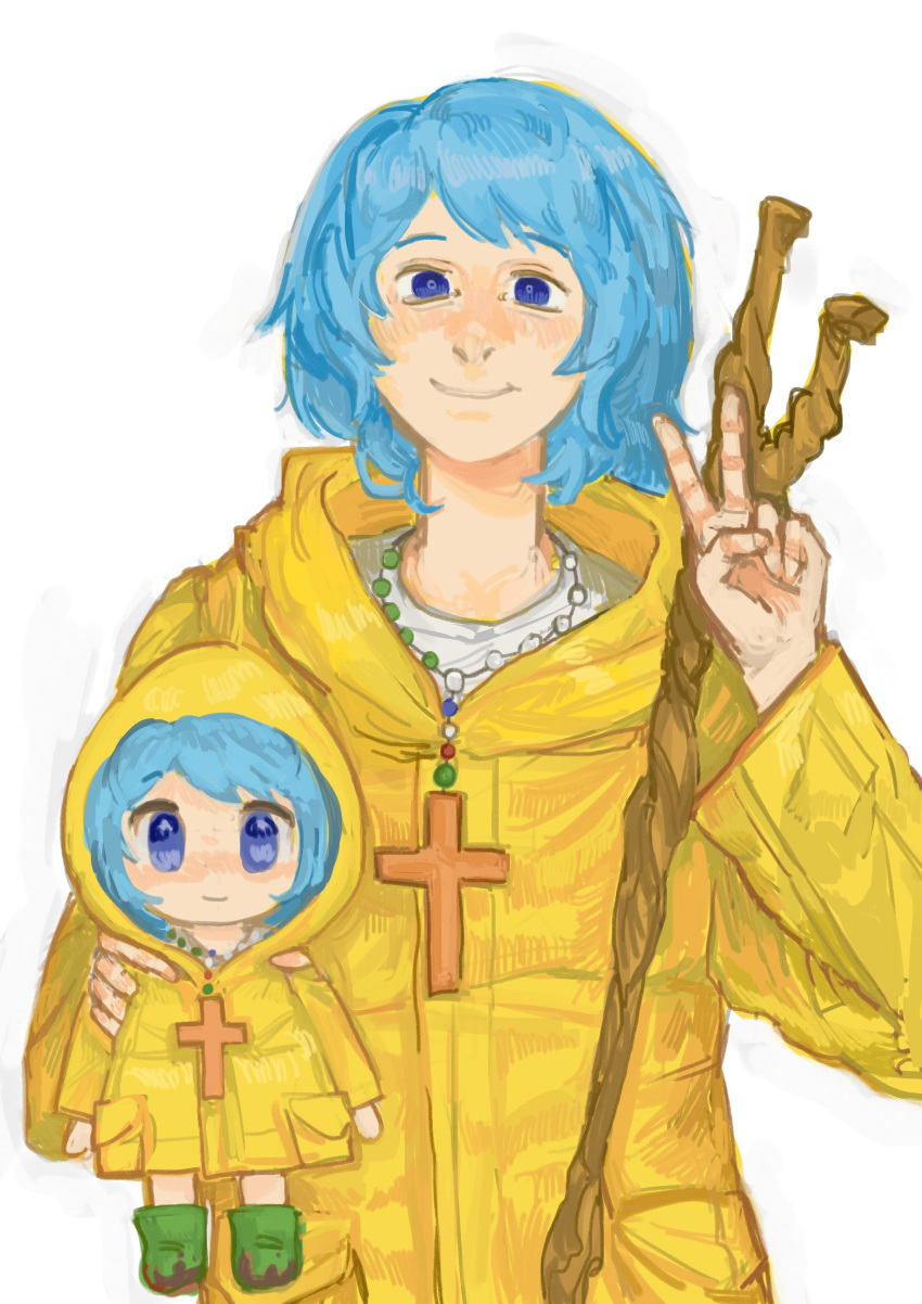 1girl, absurdres, bead_necklace, beads, blue_eyes, blue_hair, boots, cane