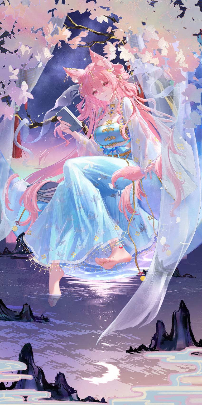1girl, absurdres, animal_ear_fluff, animal_ears, arknights, barefoot, blue_dress, book, breasts, closed_mouth, commentary, dorsiflexion, dress, feet, hair_between_eyes, hand_up, highres, holding, holding_book, invisible_chair, liu_liaoliao, long_hair, long_sleeves, looking_at_viewer, official_alternate_costume, pink_eyes, pink_hair, pozyomka_(arknights), pozyomka_(beside_dreams)_(arknights), sitting, smile, solo, toes, very_long_hair