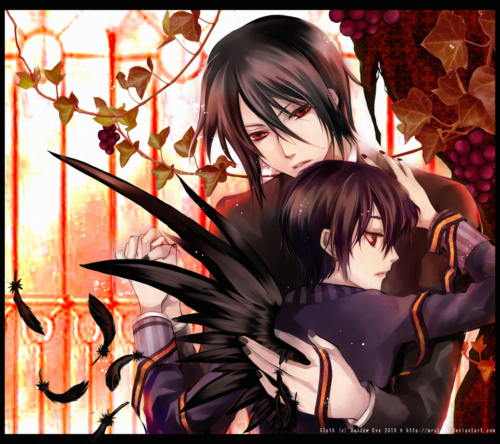 black_wings, brown_eyes, ciel_phantomhive, feathers, food, fruit, grapes, kuroshitsuji