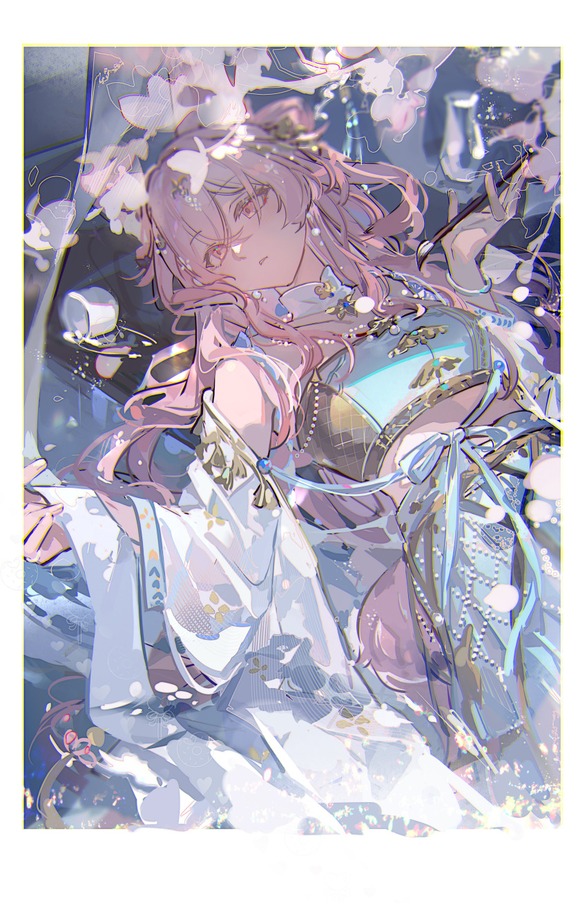absurdres, alcohol, animal_ears, arknights, bandeau, blue_bandeau, blue_ribbon, breasts, calligraphy_brush, choko_(cup), collar, cross-laced_clothes, cross-laced_skirt, cup, flower, grey_bandeau, hezi, highres, holding, holding_calligraphy_brush, holding_paintbrush, jade_(gemstone), jade_bracelet, long_hair, lying, medium_breasts, mento, on_back, paintbrush, pearl_hair_ornament, pink_eyes, pink_hair, pink_tail, pozyomka_(arknights), pozyomka_(beside_dreams)_(arknights), ribbon, sake, shrug_(clothing), skirt, spill, tassel, tokkuri, white_collar, white_ribbon, white_shrug, wolf_ears, wolf_girl