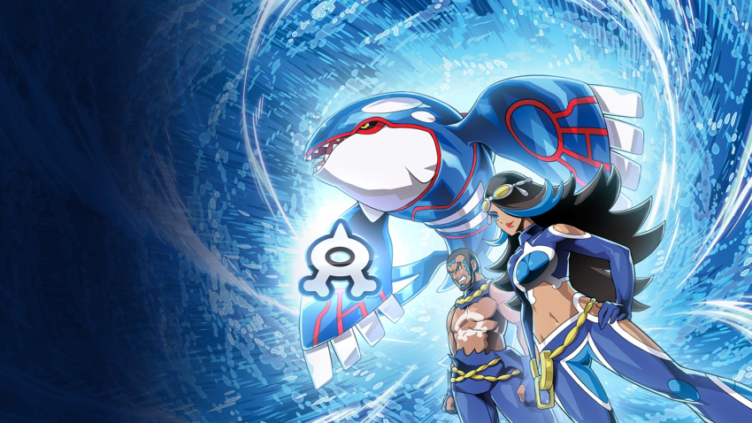 1boy, 1girl, black_hair, black_sclera, blue_eyes, blue_hair, blue_pants, breasts