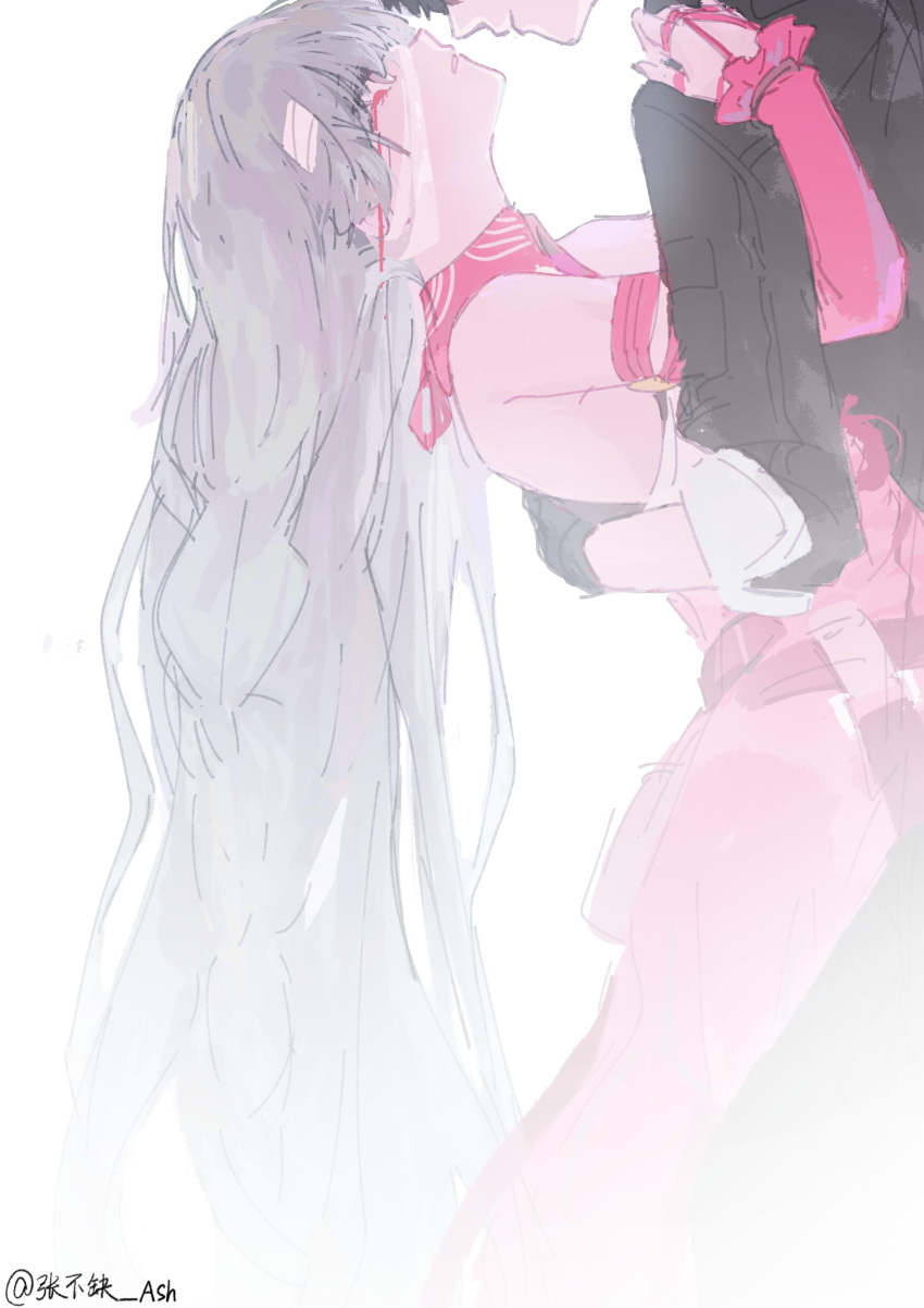 1boy, 1girl, absurdres, black_gloves, black_jacket, blood, blood_from_eyes, detached_sleeves, dress, from_side, gloves, grey_hair, highres, jacket, long_hair, male_rover_(wuthering_waves), phrolova_(wuthering_waves), red_dress, red_sleeves, rover_(wuthering_waves), very_long_hair, white_background, wuthering_waves, zhang_buque_ash