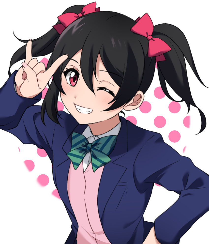 1girl, \m/, asymmetrical_hair, black_hair, blazer, blue_jacket, blush, bow