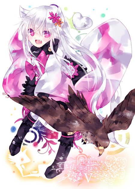 bad_id, bird, dog_ears, dress, eagle, fang, flower, hair_flower