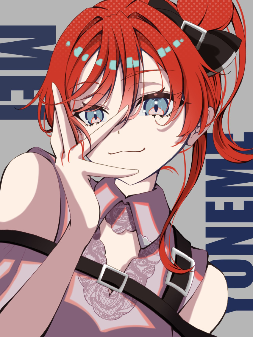 1girl, aspire_(love_live!), bare_shoulders, black_bow, blue_eyes, bow, character_name, chest_harness