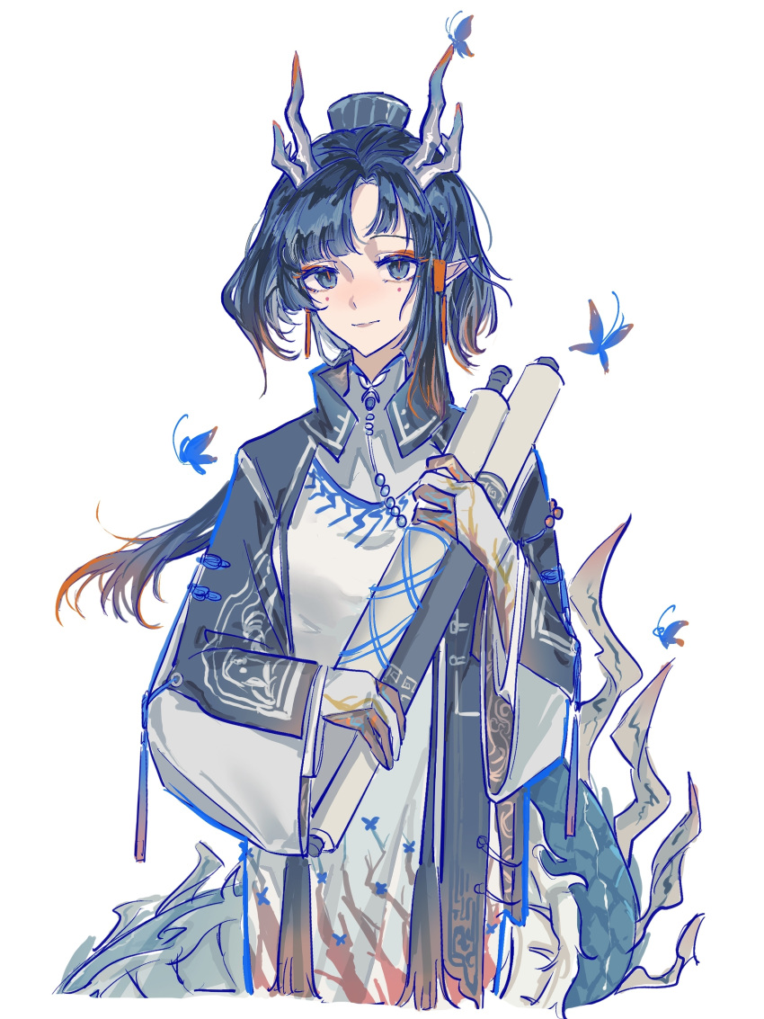 1girl, aaa_shenmi_zuo_fan_ren, absurdres, arknights, black_eyes, black_hair, black_robe, chinese_clothes, chinese_commentary, closed_mouth, colored_extremities, commentary_request, cropped_legs, dress, earrings, facial_mark, hair_intakes, highres, holding, holding_scroll, horns, jewelry, jie_(arknights), light_smile, long_hair, long_sleeves, multicolored_hair, open_clothes, open_robe, orange_hair, pointy_ears, robe, scroll, simple_background, solo, standing, streaked_hair, tail, white_background, white_dress, wide_sleeves