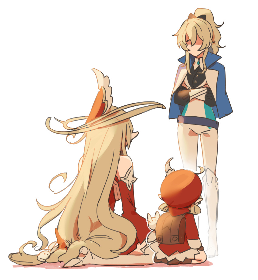 alice_(genshin_impact), backpack, bag, blonde_hair, blue_capelet, capelet, dress, faceless