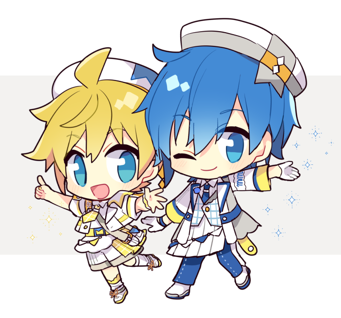 2boys, ahoge, beret, blonde_hair, blue_eyes, blue_hair, blue_pants, checkered_clothes