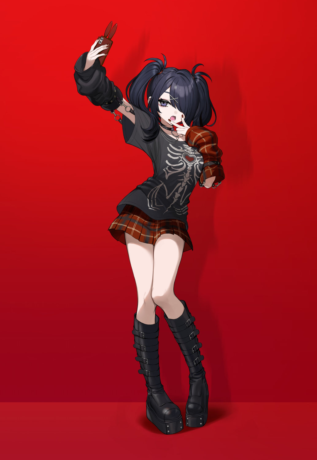 1girl, ame-chan_(emo)_(needy_girl_overdose), ame-chan_(needy_girl_overdose), arm_up, arm_warmers, belt_boots, black_arm_warmers, black_boots
