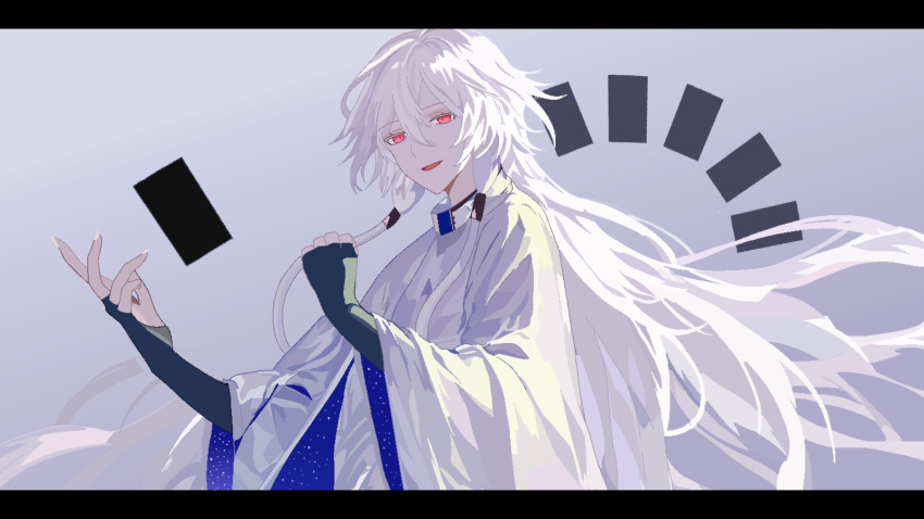 1boy, black_gloves, borrowed_character, cloak, collar, commentary_request, double-parted_bangs, fingerless_gloves