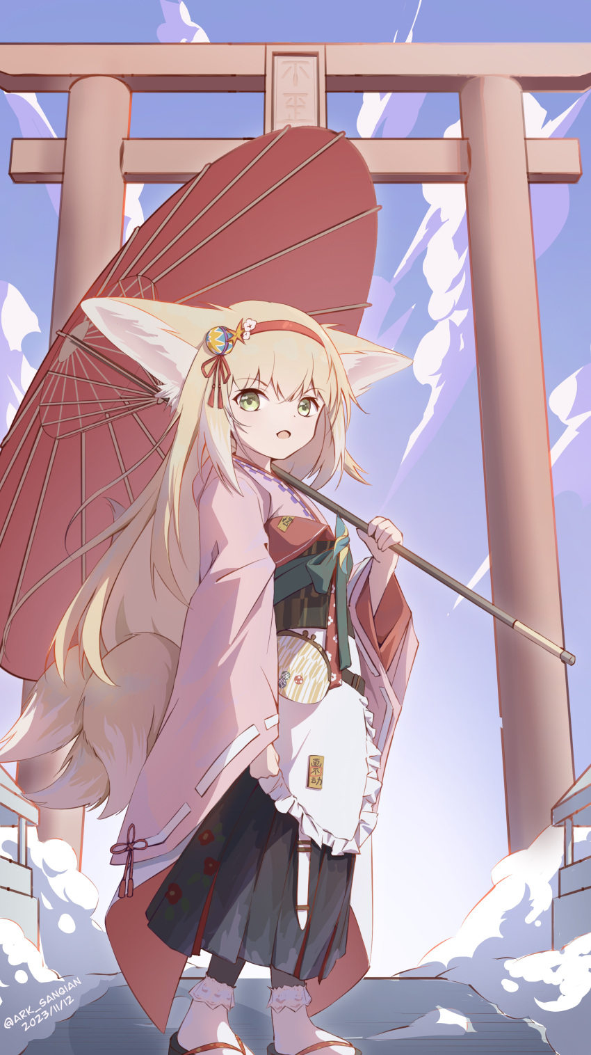1girl, :d, absurdres, animal_ears, ankle_socks, apron, arknights, bag