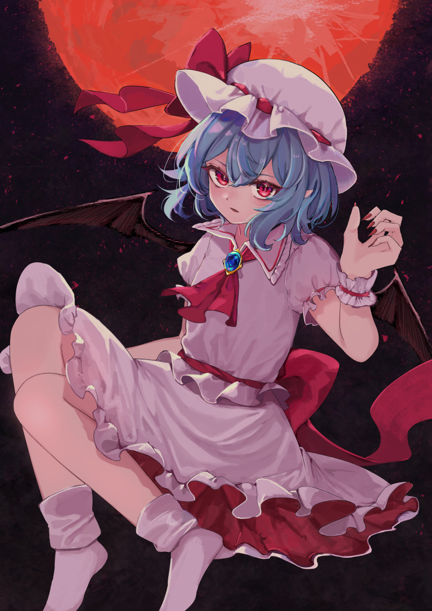 1girl, absurdres, akua9696, ascot, bat_wings, blue_gemstone, blue_hair, collared_shirt