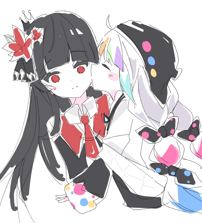2girls, beret, blush, braid, closed_eyes, flower, hair_flower, hair_ornament