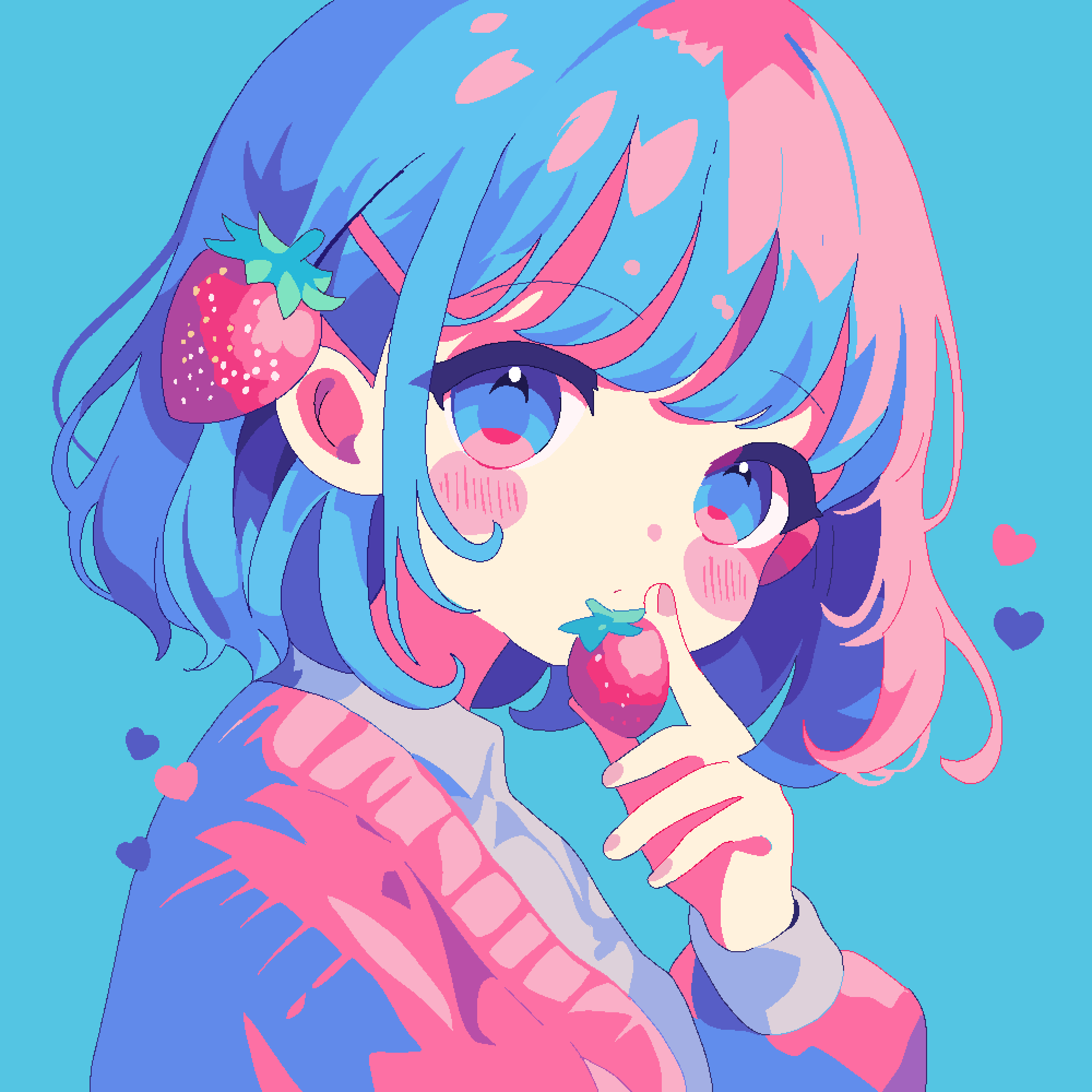 1girl, aqua_background, blue_eyes, blue_hair, blush, blush_stickers, cardigan, closed_mouth