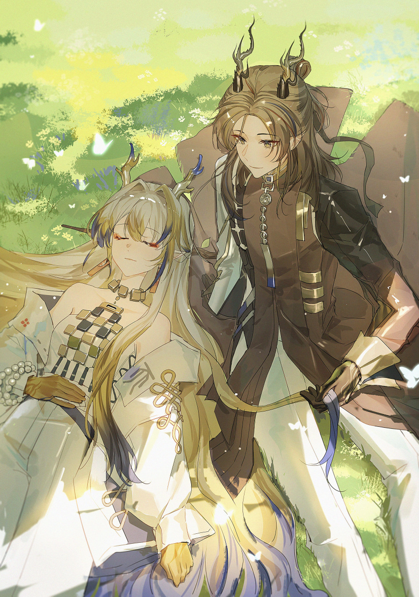 1boy, 1girl, absurdres, antlers, arknights, bare_shoulders, blonde_hair, brown_hair