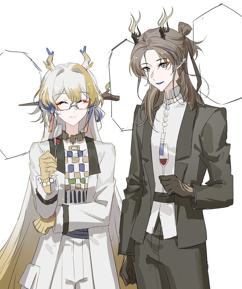 1boy, 1girl, ^_^, absurdres, alcohol, antlers, arknights, arm_at_side