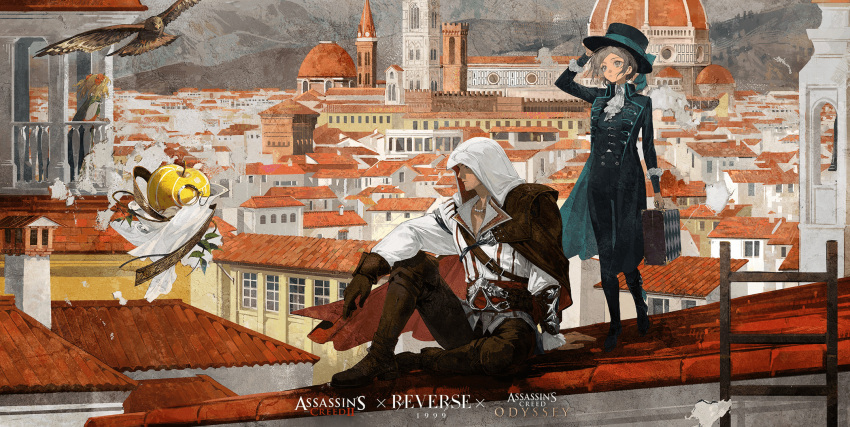 1boy, 1other, 2girls, apple_(reverse:1999), apple_of_eden, ascot, assassin's_creed_(series), assassin's_creed_ii