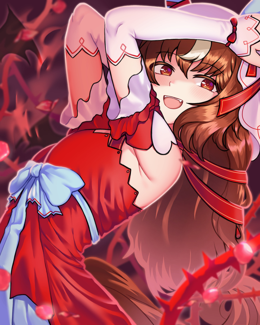 1girl, absurdres, animal_ears, arms_up, aura, bbreaad, blush, breasts, commentary_request, dark_aura, detached_sleeves, hair_between_eyes, hair_ornament, highres, horse_ears, horse_girl, horse_tail, long_hair, looking_at_viewer, open_mouth, red_eyes, simple_background, solo, still_in_love_(umamusume), tail, teeth, thorns, umamusume, upper_teeth_only, veil