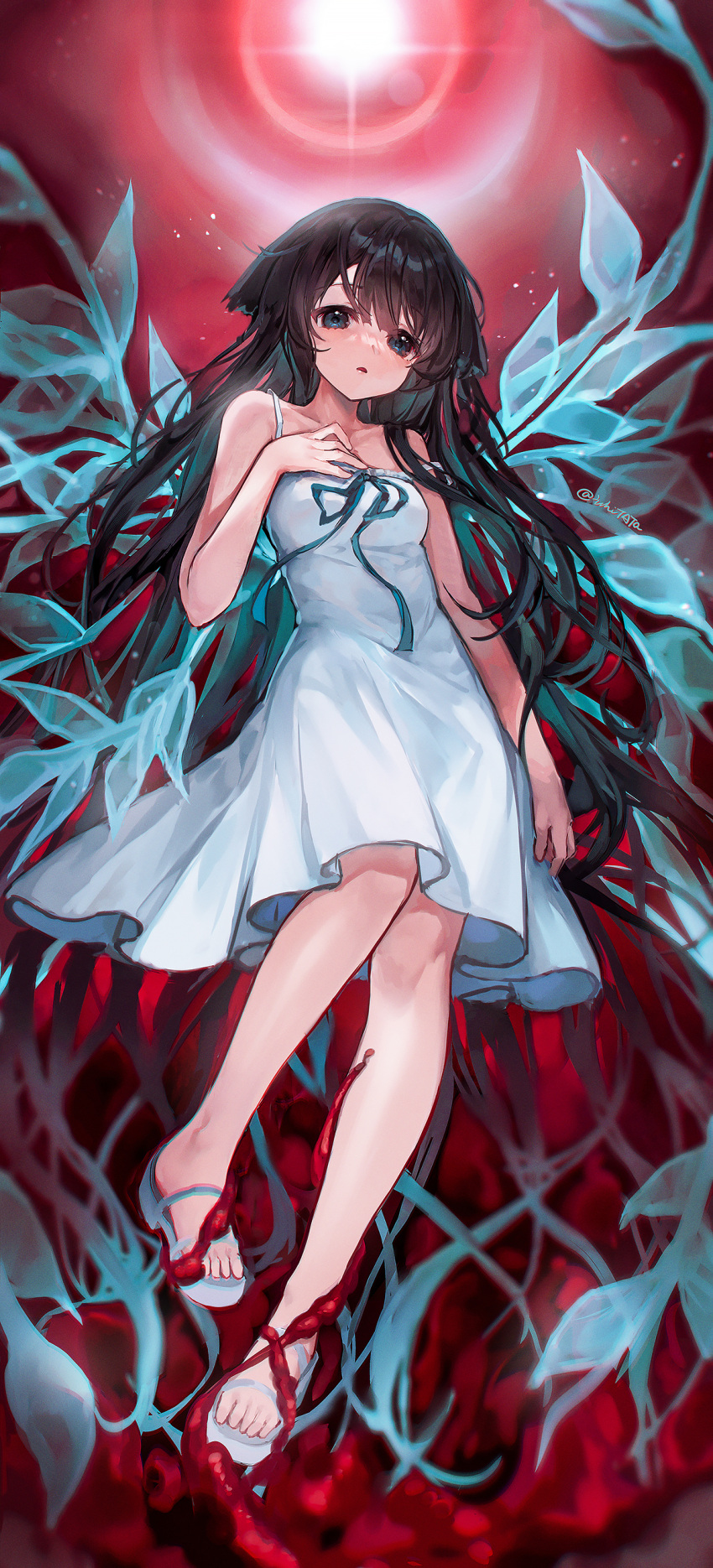 1girl, absurdres, black_hair, blue_eyes, dress, full_body, hair_flaps, hand_on_own_chest