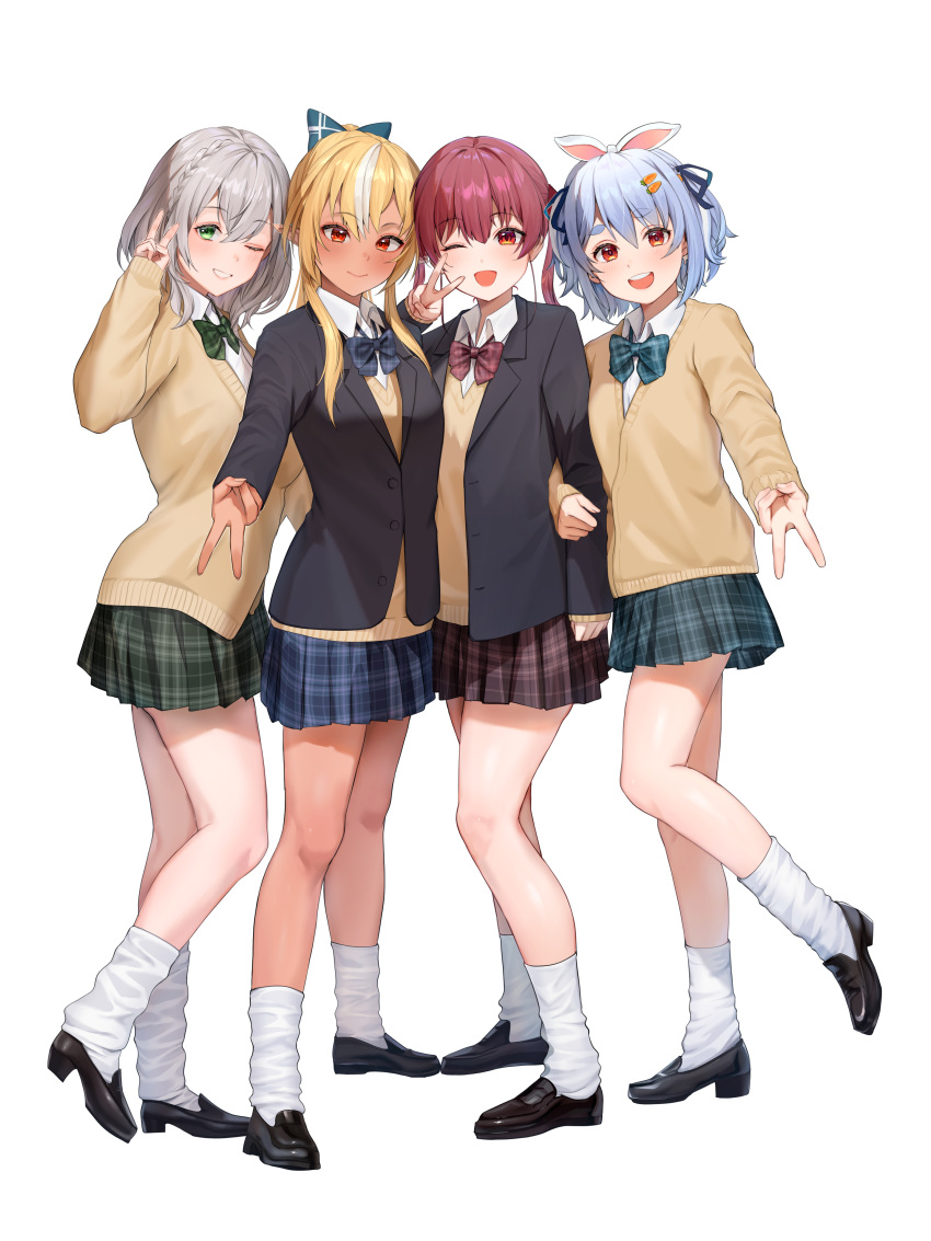 4girls, absurdres, blazer, blonde_hair, blue_bow, blue_bowtie, blue_hair, blue_ribbon