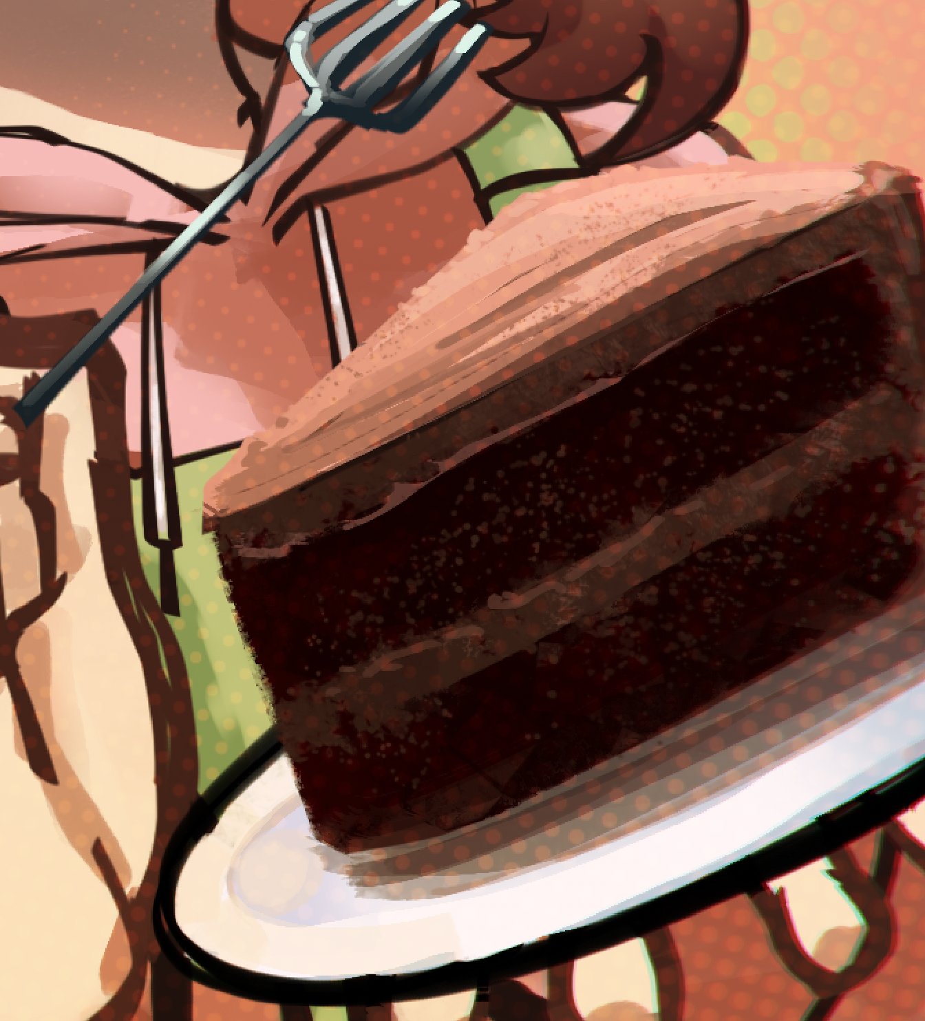 1girl, bethy, brown_hair, cake, cake_slice, commentary, commission, english_commentary