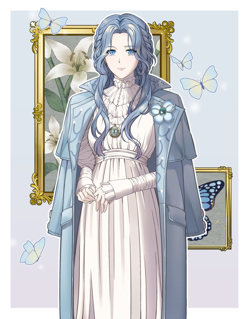 1girl, blue_background, blue_butterfly, blue_coat, blue_eyes, blue_hair, border, braid