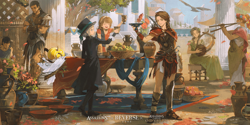 2boys, 5girls, alexios_(assassin's_creed), ancient_greek_clothes, apple_(reverse:1999), apple_of_eden, assassin's_creed:_odyssey, assassin's_creed_(series)