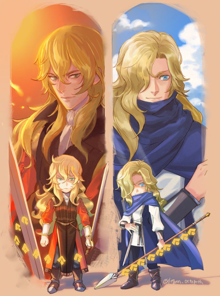2boys, androgynous, blonde_hair, blue_eyes, border, brown_border, closed_mouth, commentary_request, deformed, erhardt_(octopath_traveler), green_eyes, hair_between_eyes, hair_over_one_eye, holding, holding_polearm, holding_sword, holding_weapon, leon_bastralle, male_focus, multiple_boys, multiple_views, octopath_traveler, octopath_traveler_i, polearm, regan_(hatsumi), smile, spear, standing, sword, wavy_hair, weapon